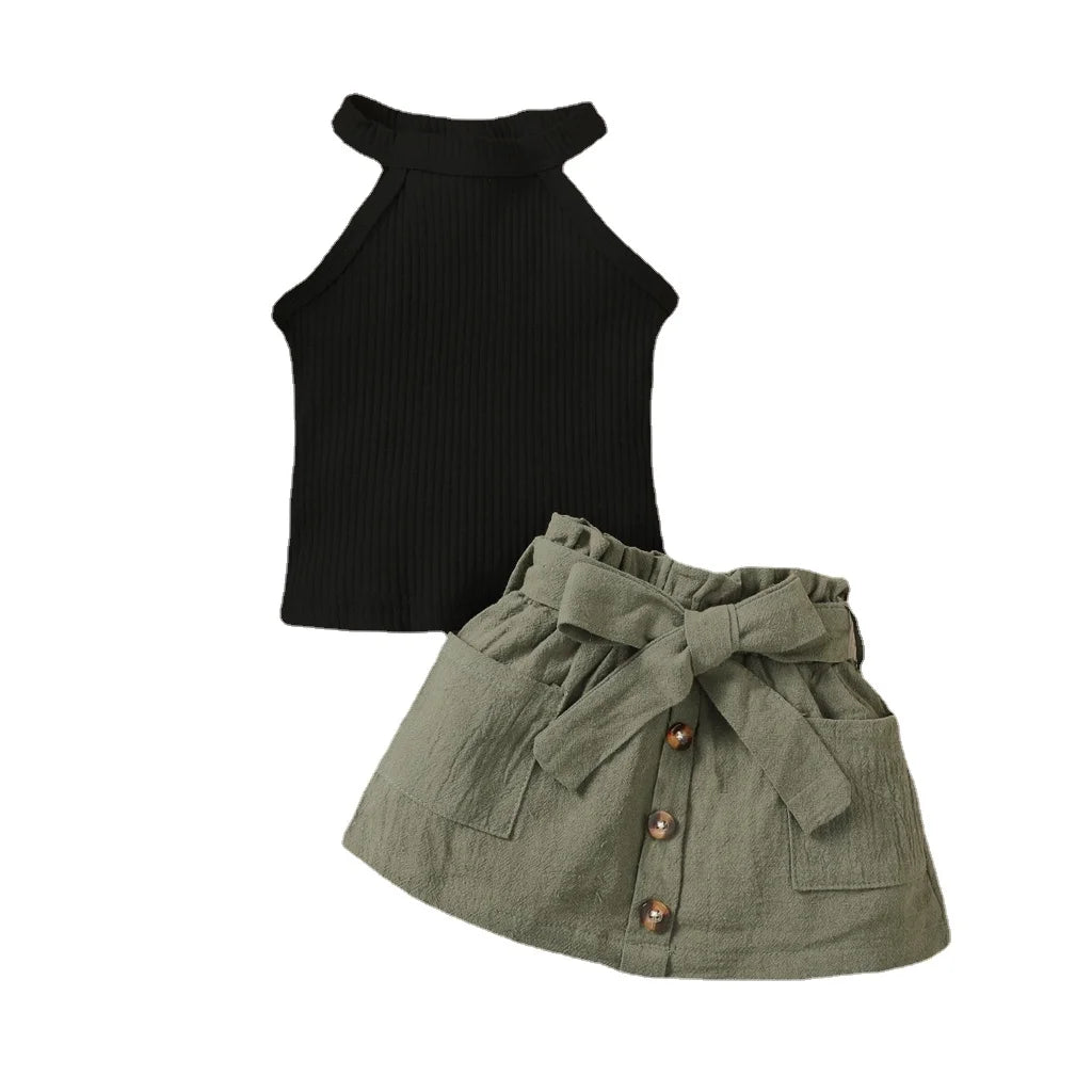 2PCS Baby Girl Clothing Set featuring a black sleeveless top and an olive green skirt with buttons and bow