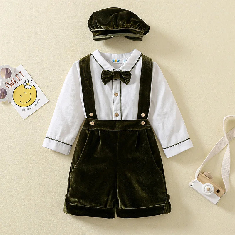 Newborn Baby Boy Clothes Suit Birthday Wedding Velvet Pants Blouse 3Pcs Set