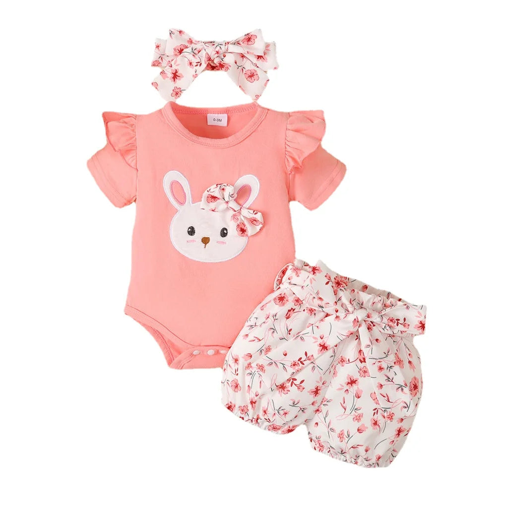 Adorable Baby Girl Clothing Set 3PCS Bodysuit and Accessories with pink bunny design and floral shorts