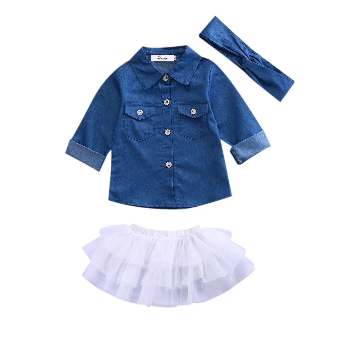 Baby Girls 3 Piece Outfit Set Denim Shirt Tutu Skirt and Headband Clothing in blue and white by Yamza Tots Closet
