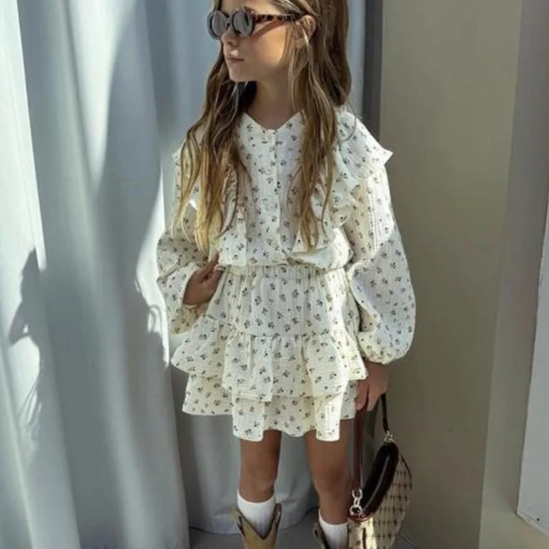 Fashion Baby Girl Clothes Set Floral Blouse and Layered Skirt 2PCS Outfit worn by girl with sunglasses and boots