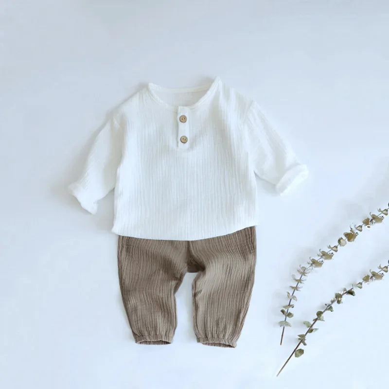 Infant Baby Clothes Set Long Sleeve Shirt and Loose Pants for Party Wear in white and brown cozy fabric