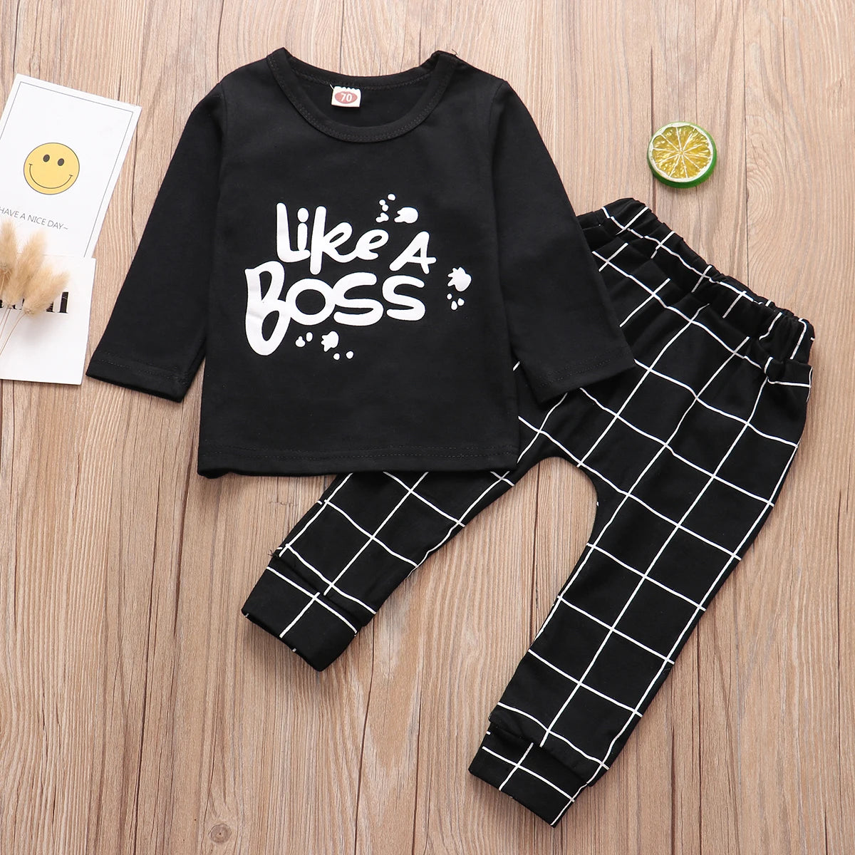 LIKE A BOSS Long Sleeve T-Shirt and Lattice Trousers Set for Baby Boys black outfit with white print and checkered pants