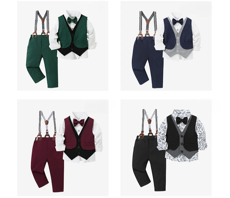 Children Top And Bottom Clothing Set Vest & Pants with suspenders and bow ties in green navy burgundy and black