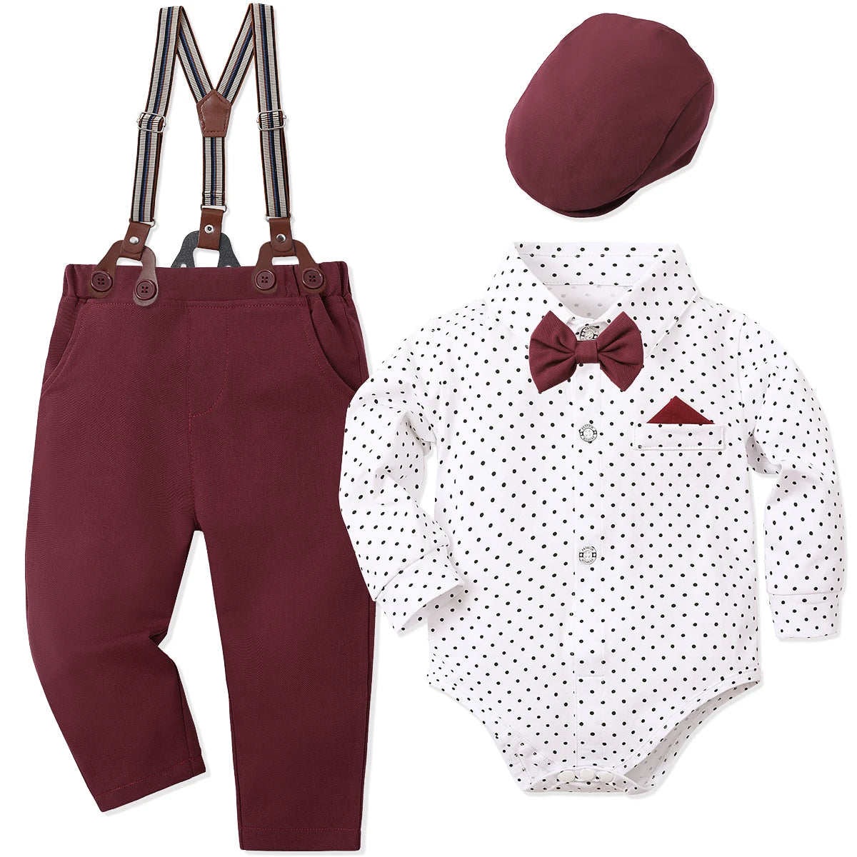 Baby boys wedding outfit set with burgundy trousers, polka dot shirt, bow tie, and matching cap.