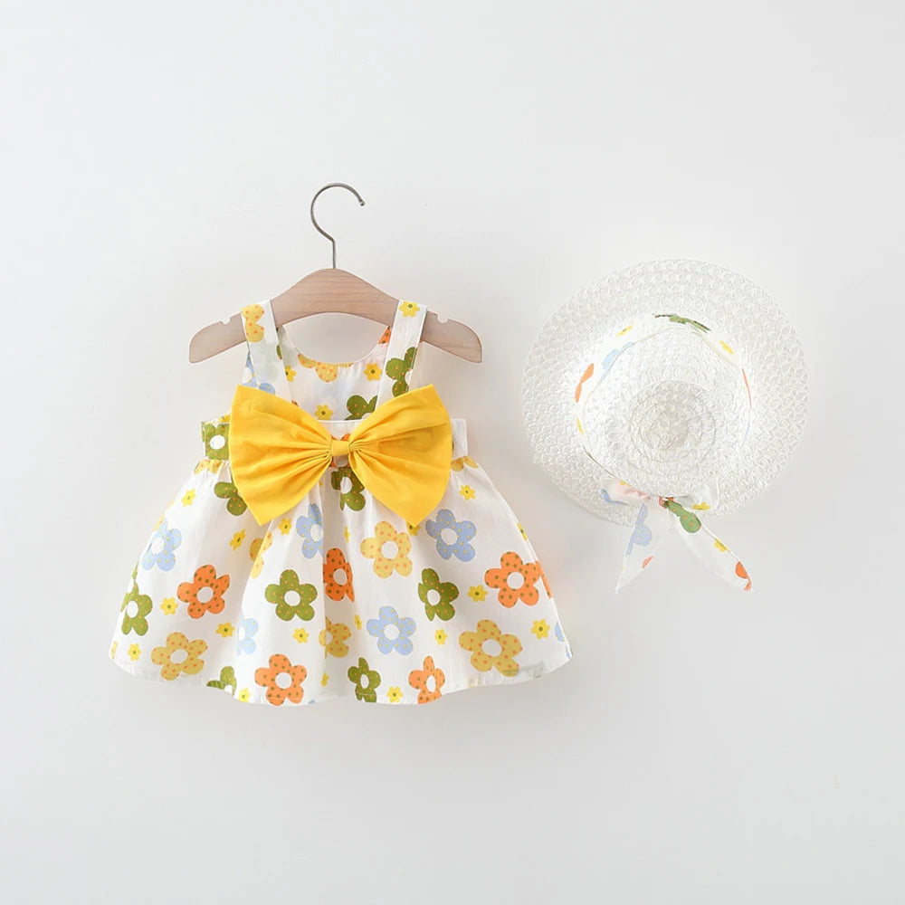Toddler girl clothes cotton beach floral dress with yellow bow and matching white sun hat