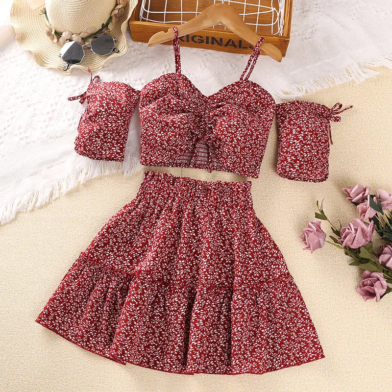 Beach Fashion Girls Red Floral Halter Skirt Sets with adjustable straps and matching accessories