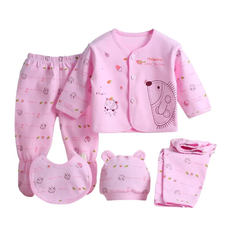 Newborn Baby Pure Cotton Clothing Set with Top Pants Hat Bibs Cartoon Print in pink with hedgehog design