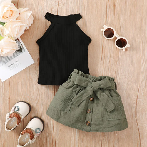 2PCS Baby Girl Clothing Set featuring black sleeveless top and green buttoned skirt with bow