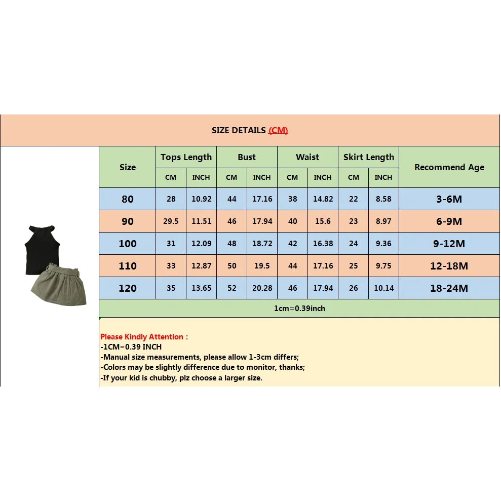 2PCS Baby Girl Clothing Set size chart with top and skirt measurements for ages 3 to 24 months