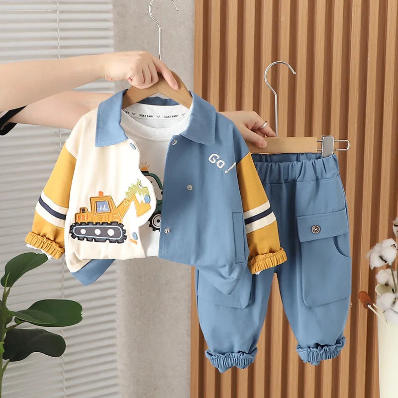 Boys Cartoon Excavator Jacket T-shirt and Pants Tracksuit Set for Autumn