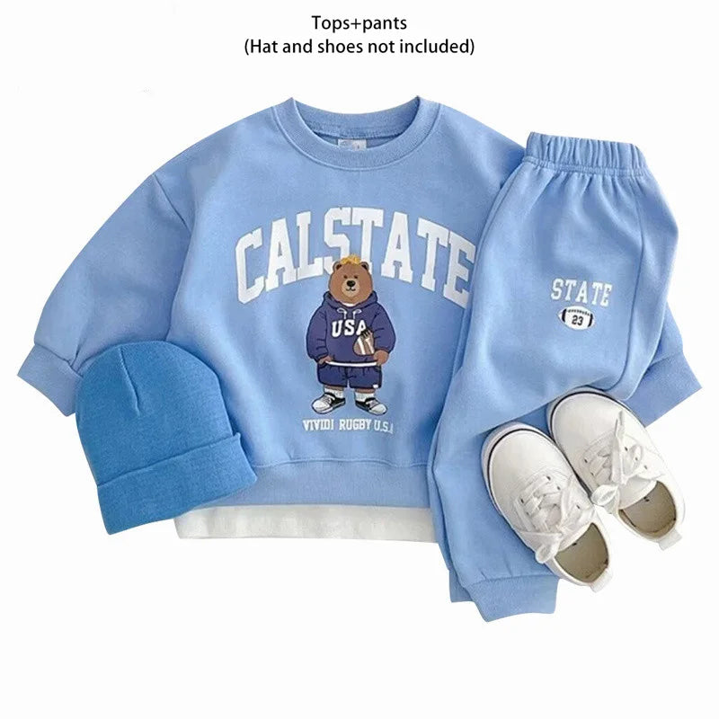 Fashion Kids Sports Bear Sweatshirt and Pants 2 Piece Fall Clothing Set