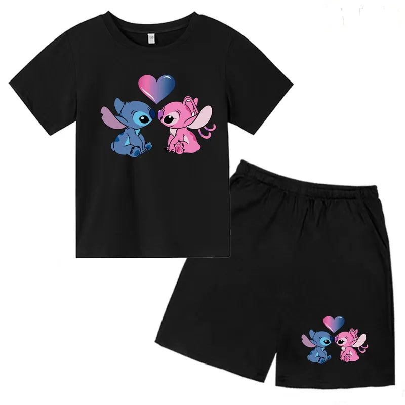 Kids Anime Stitch Print T-Shirt and Shorts Set Toddler Boys Girls Outfit