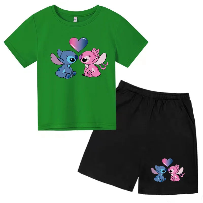 Kids Anime Stitch Print T-Shirt and Shorts Set Toddler Boys Girls Outfit