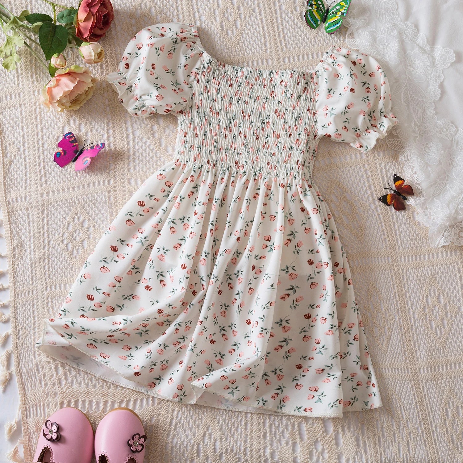 Girls Summer White Floral Puff Sleeve Princess Dress