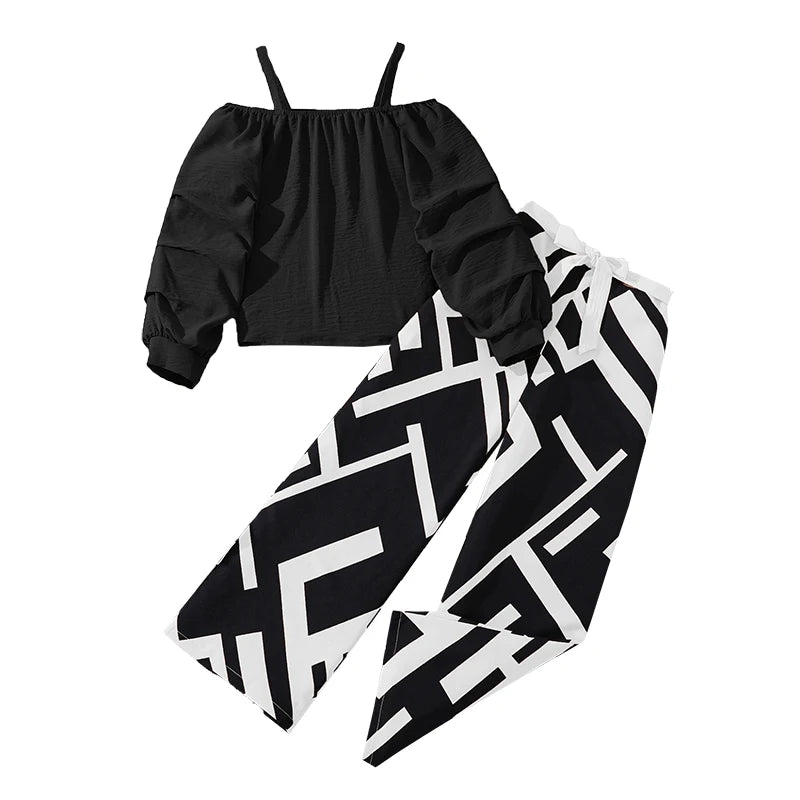 Girls Khaki Off-Shoulder Top & Striped Pants Set, Summer Resort Outfit