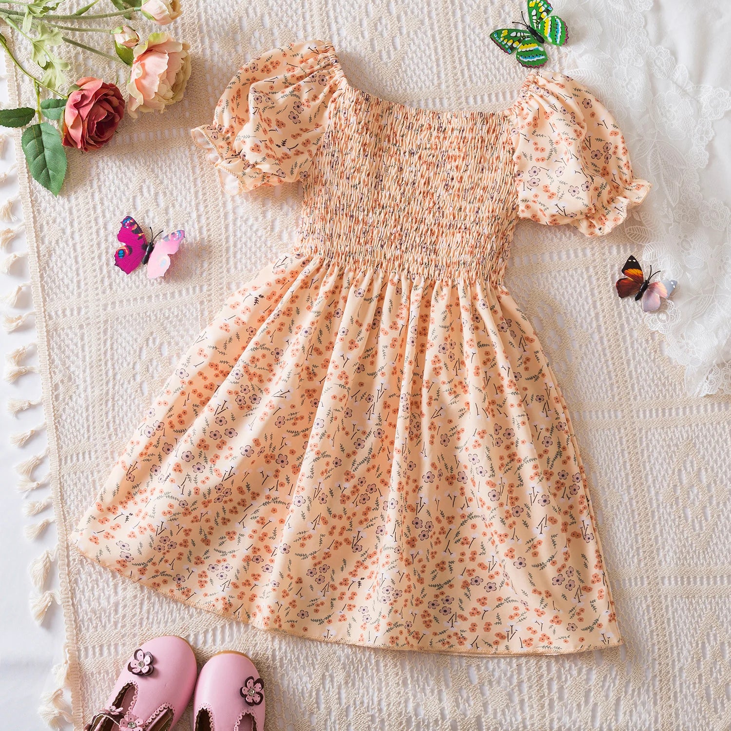 Girls Summer White Floral Puff Sleeve Princess Dress