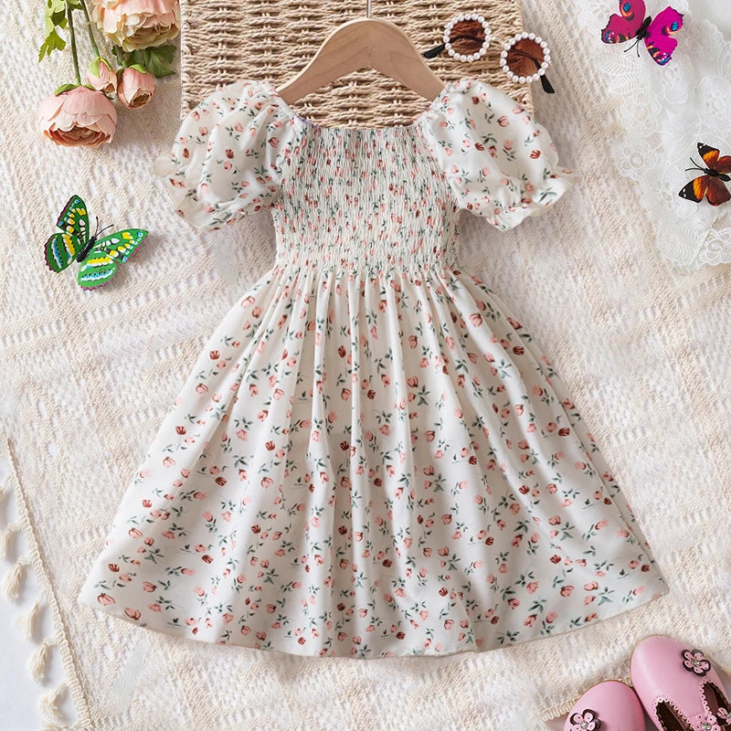 Girls Summer White Floral Puff Sleeve Princess Dress