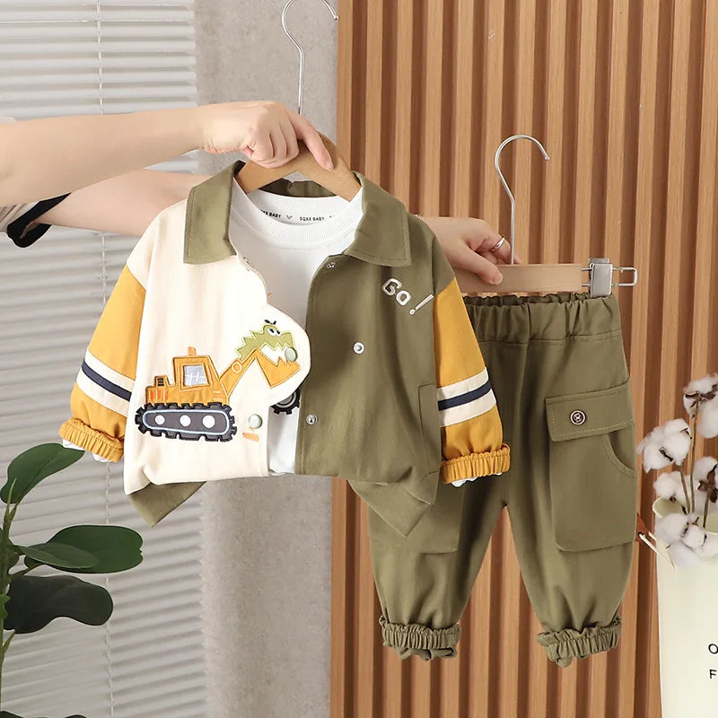 Boys Cartoon Excavator Jacket T-shirt and Pants Tracksuit Set for Autumn
