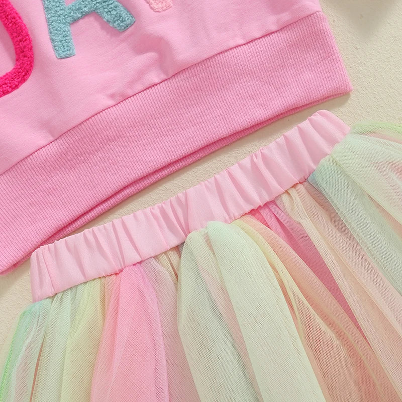 Baby Girl Tutu Skirt Outfit Letter Print Sweatshirt Rainbow & Tulle Skirt