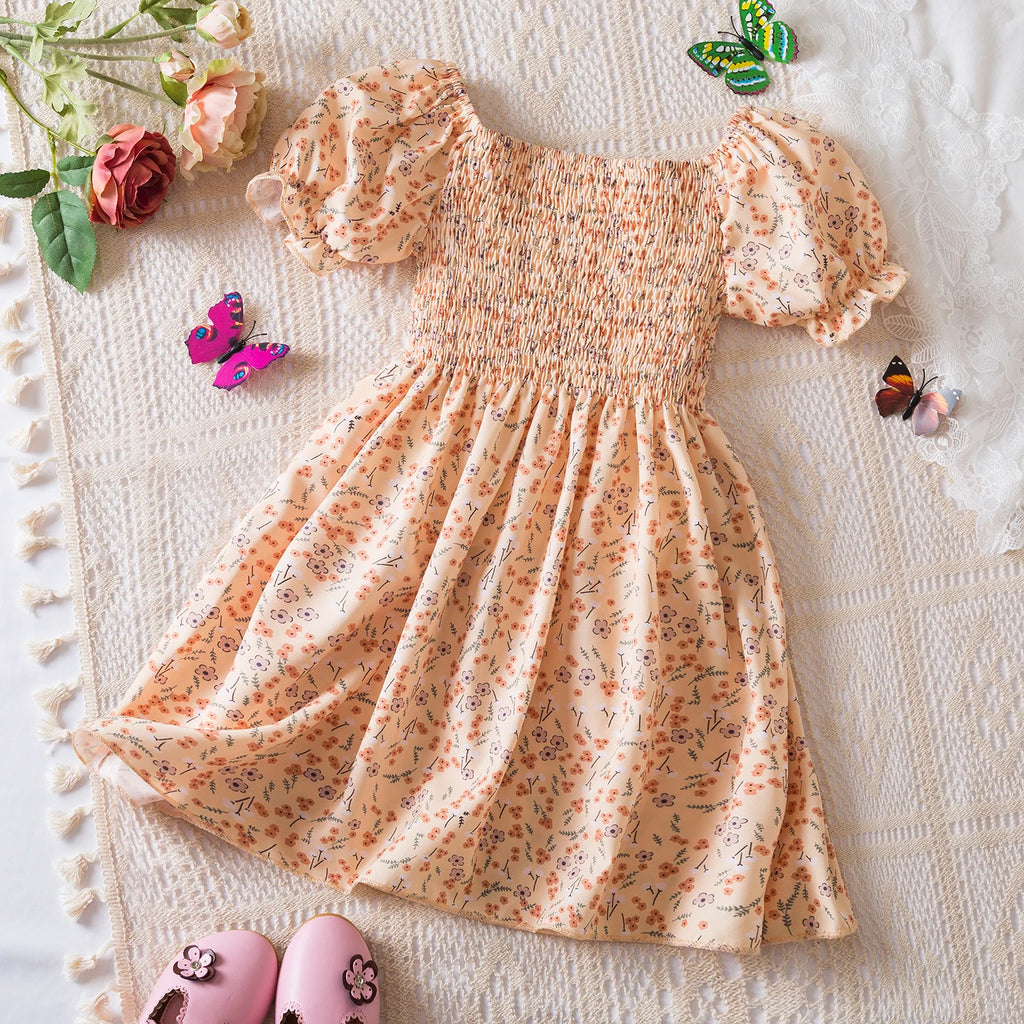 Girls Summer White Floral Puff Sleeve Princess Dress