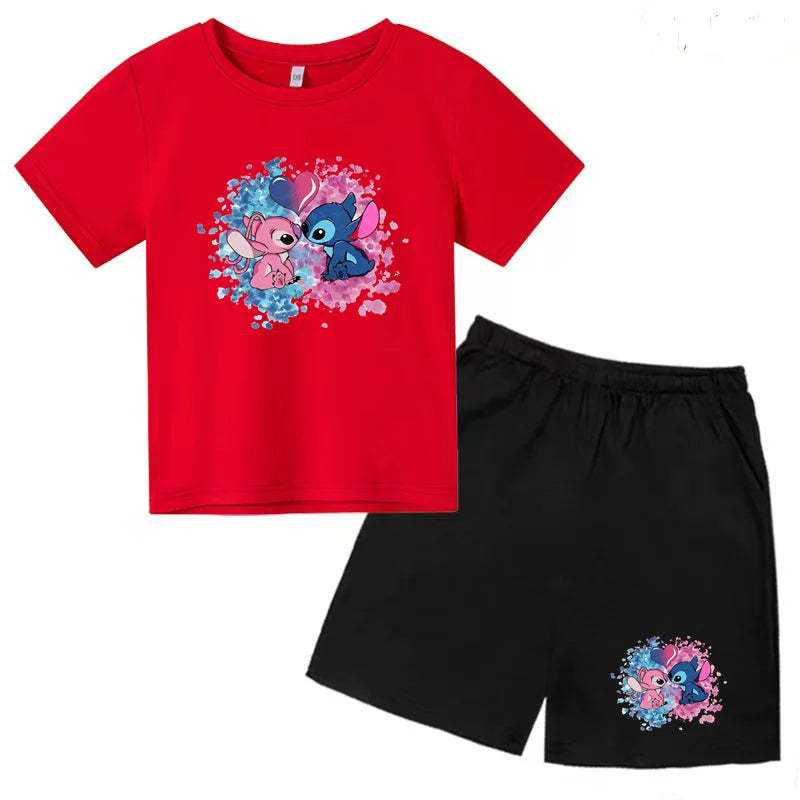 Kids Anime Stitch Print T-Shirt and Shorts Set Toddler Boys Girls Outfit