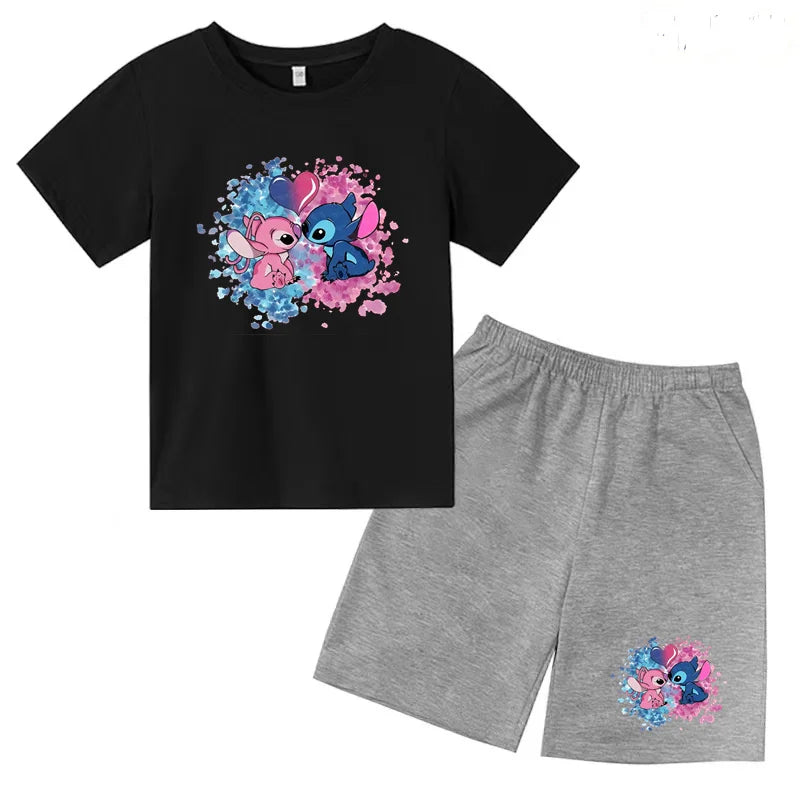 Kids Anime Stitch Print T-Shirt and Shorts Set Toddler Boys Girls Outfit