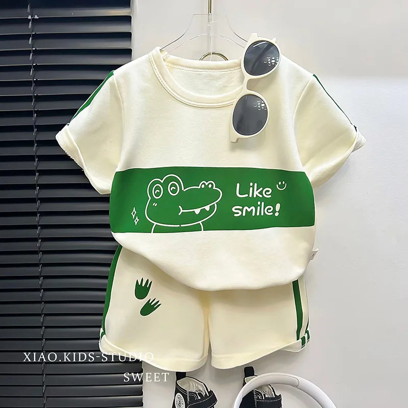 Children Suit Short Sleeve Top and Striped Shorts Two Piece Summer Korean Style