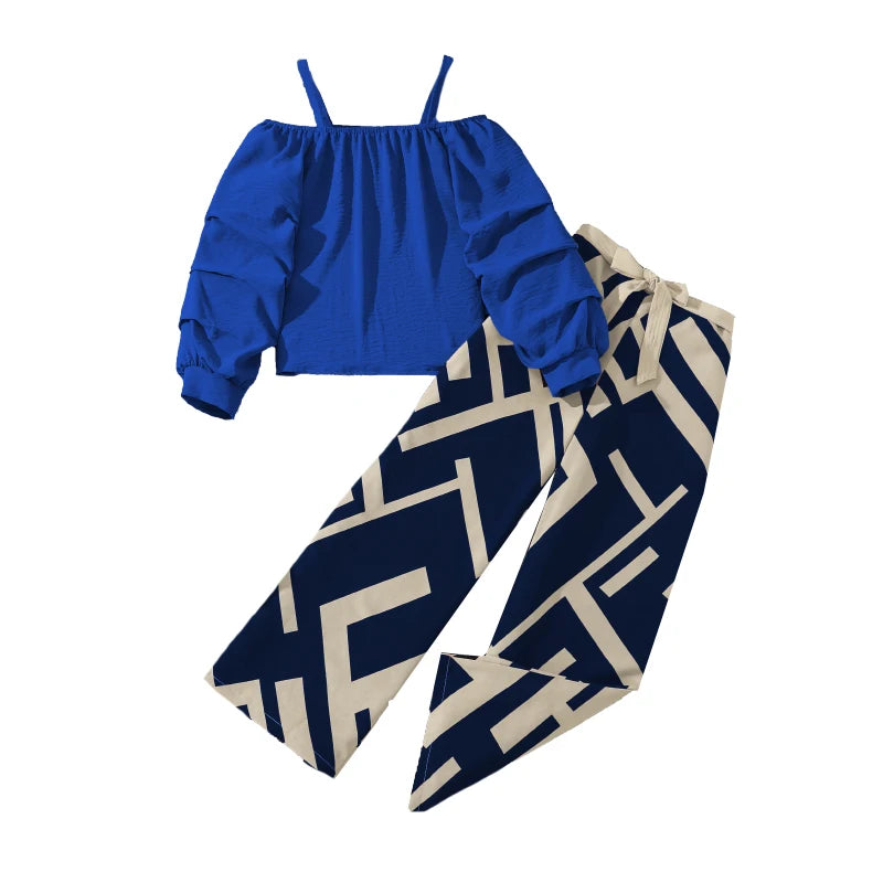 Girls Khaki Off-Shoulder Top & Striped Pants Set, Summer Resort Outfit