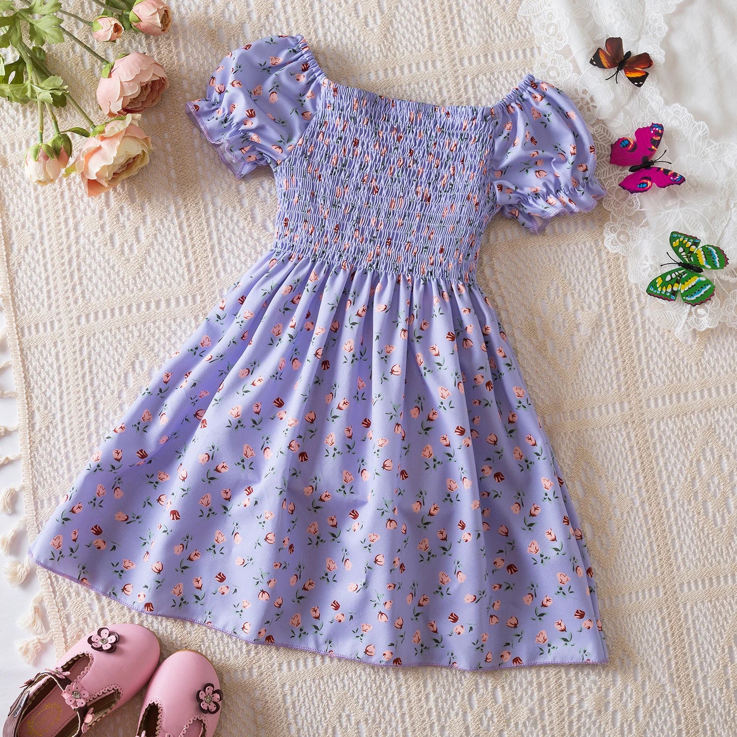Baby Girls Floral Short Sleeve Dress   Casual Summer Outfit for Kids
