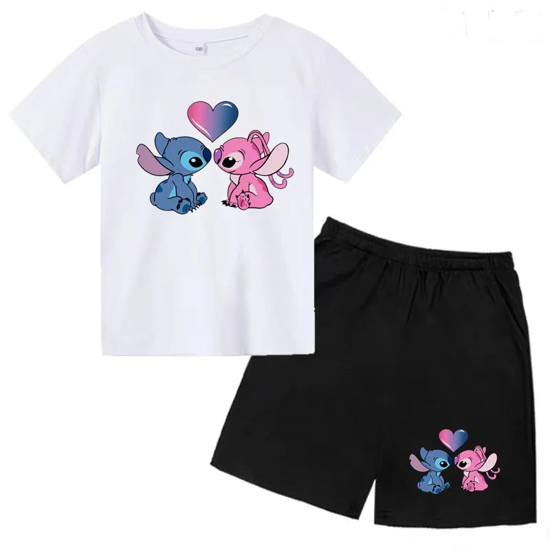 Kids Anime Stitch Print T-Shirt and Shorts Set Toddler Boys Girls Outfit