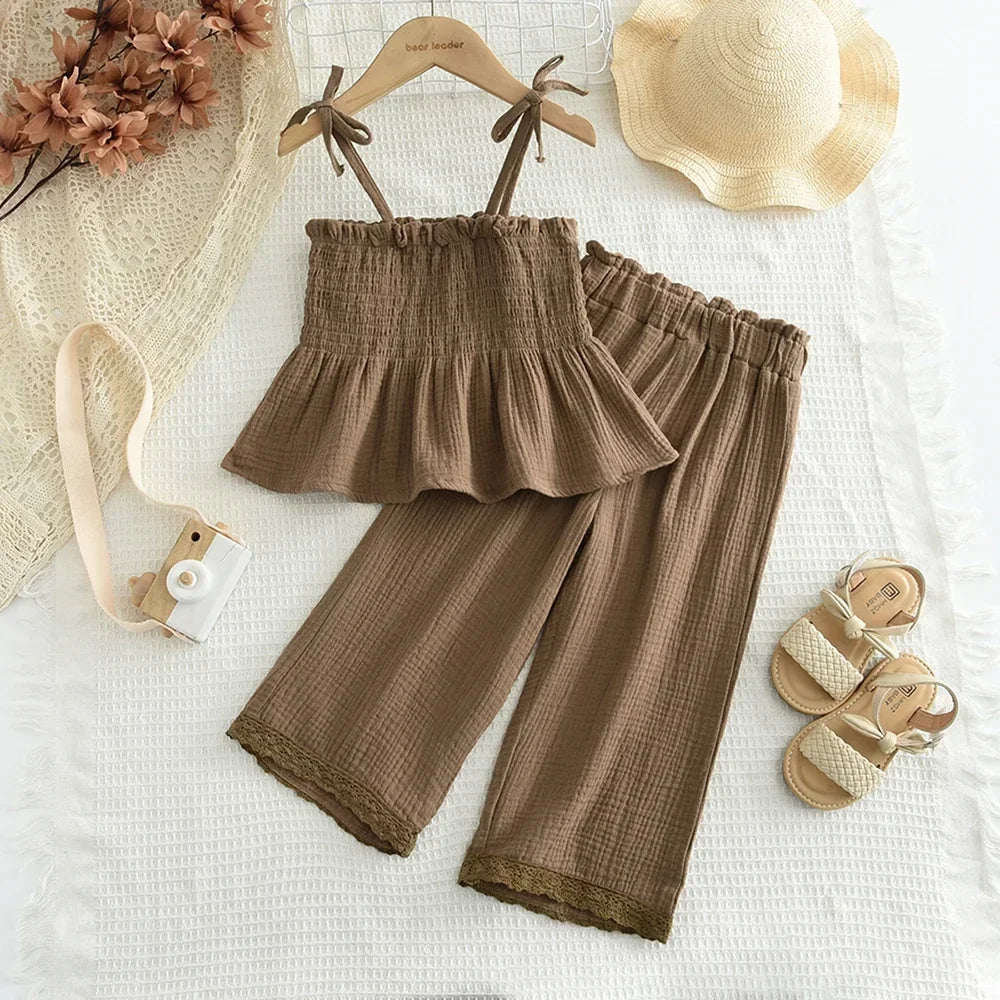 Korean Kids Summer Organic Cotton Girls Camisole Top with Lace Wide Leg Pants