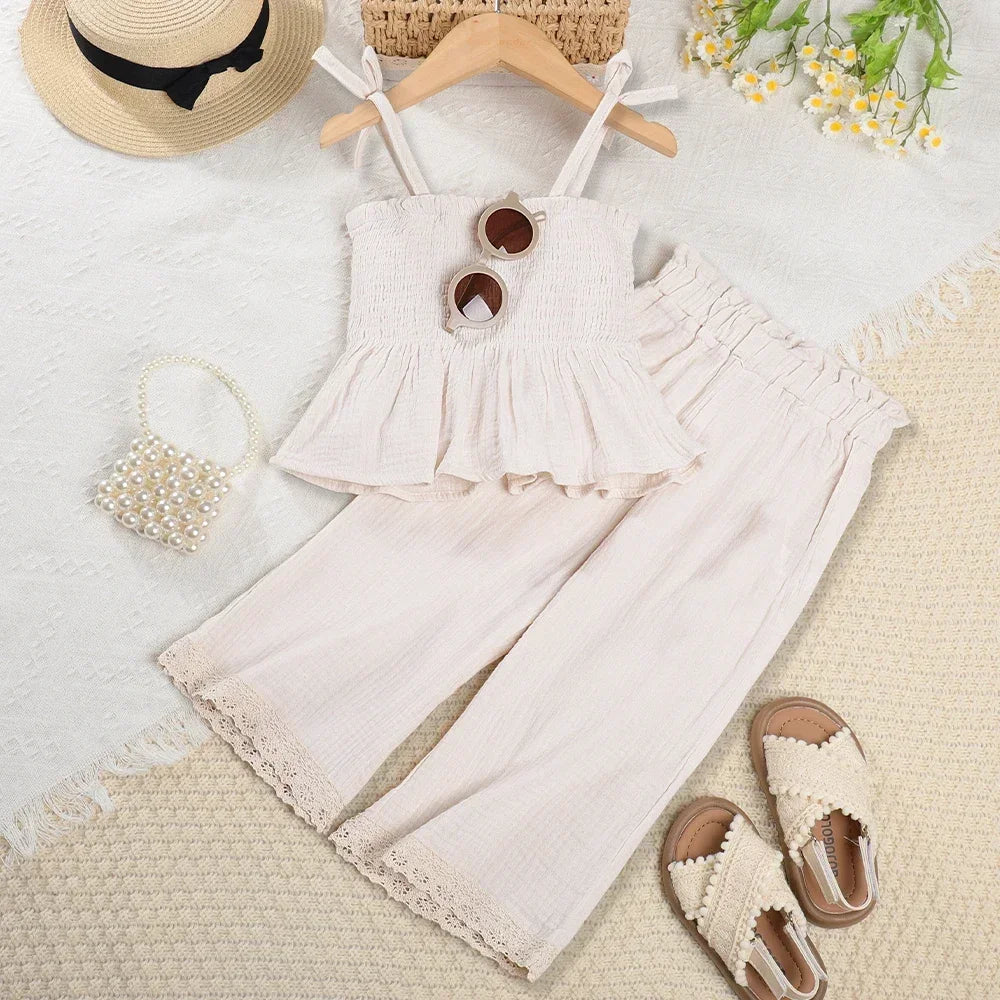 Korean Kids Summer Organic Cotton Girls Camisole Top with Lace Wide Leg Pants