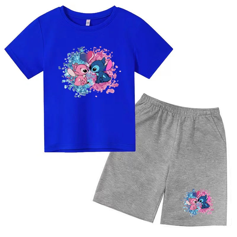 Kids Anime Stitch Print T-Shirt and Shorts Set Toddler Boys Girls Outfit