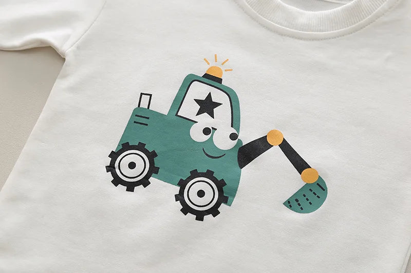 Boys Cartoon Excavator Jacket T-shirt and Pants Tracksuit Set for Autumn