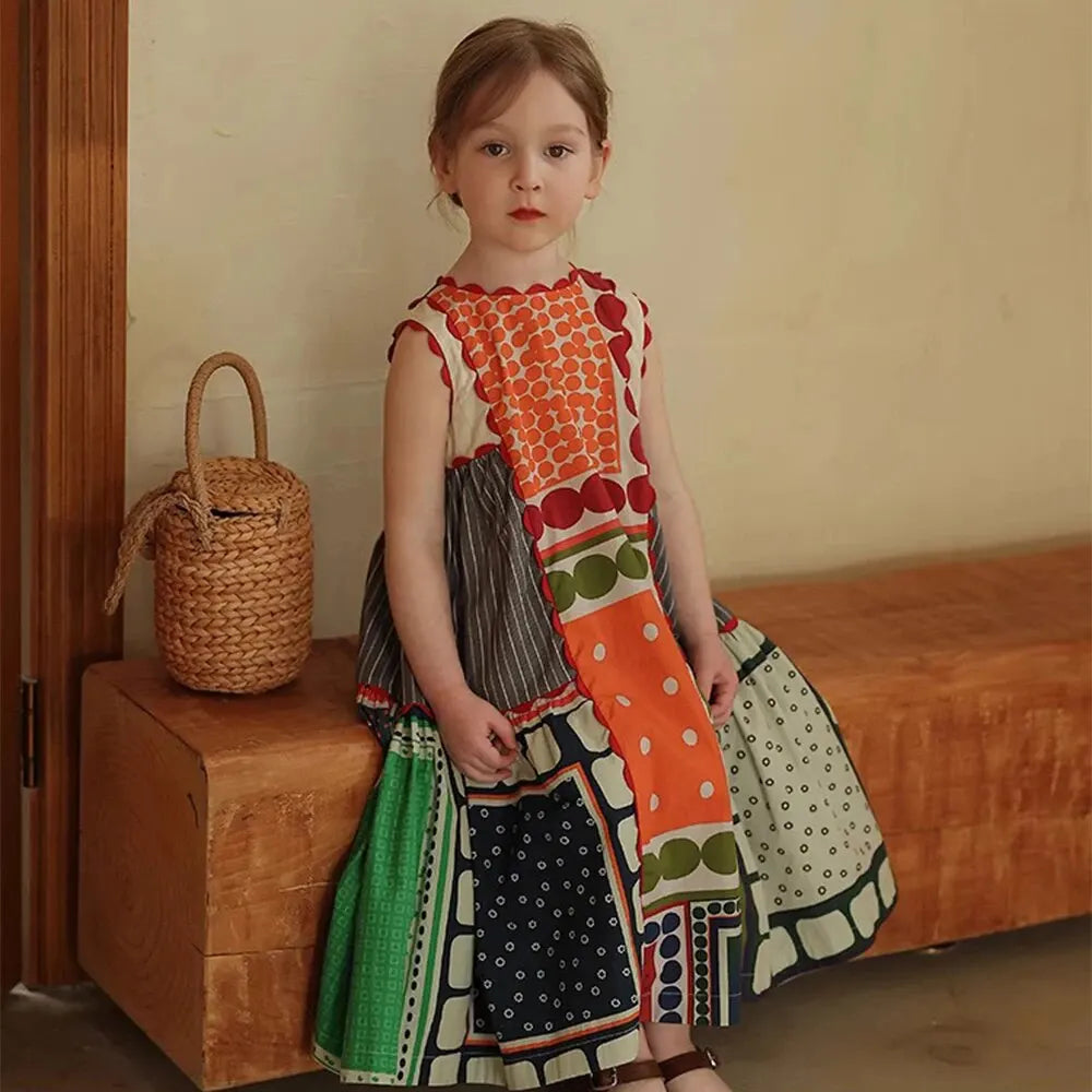 Bear Leader Girls Summer Dress Round Neck Sleeveless Multicolor Geometric Dress