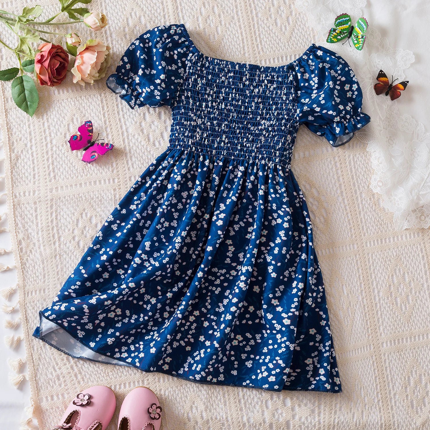 Girls Summer White Floral Puff Sleeve Princess Dress