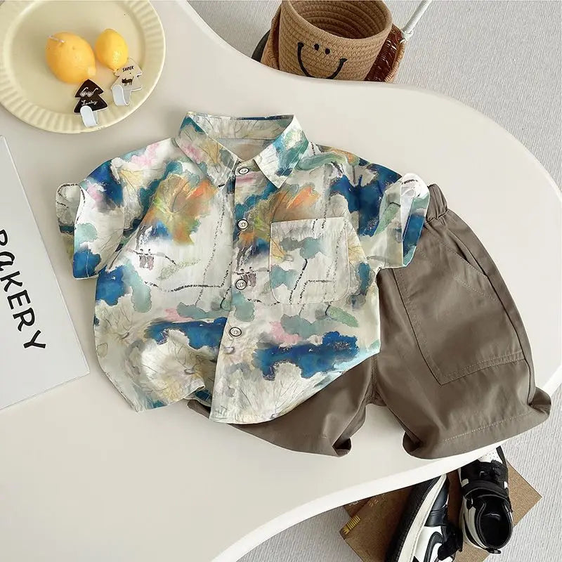 Stylish Flower Suit for Children Baby Short Sleeve Shirt and Casual Shorts Set
