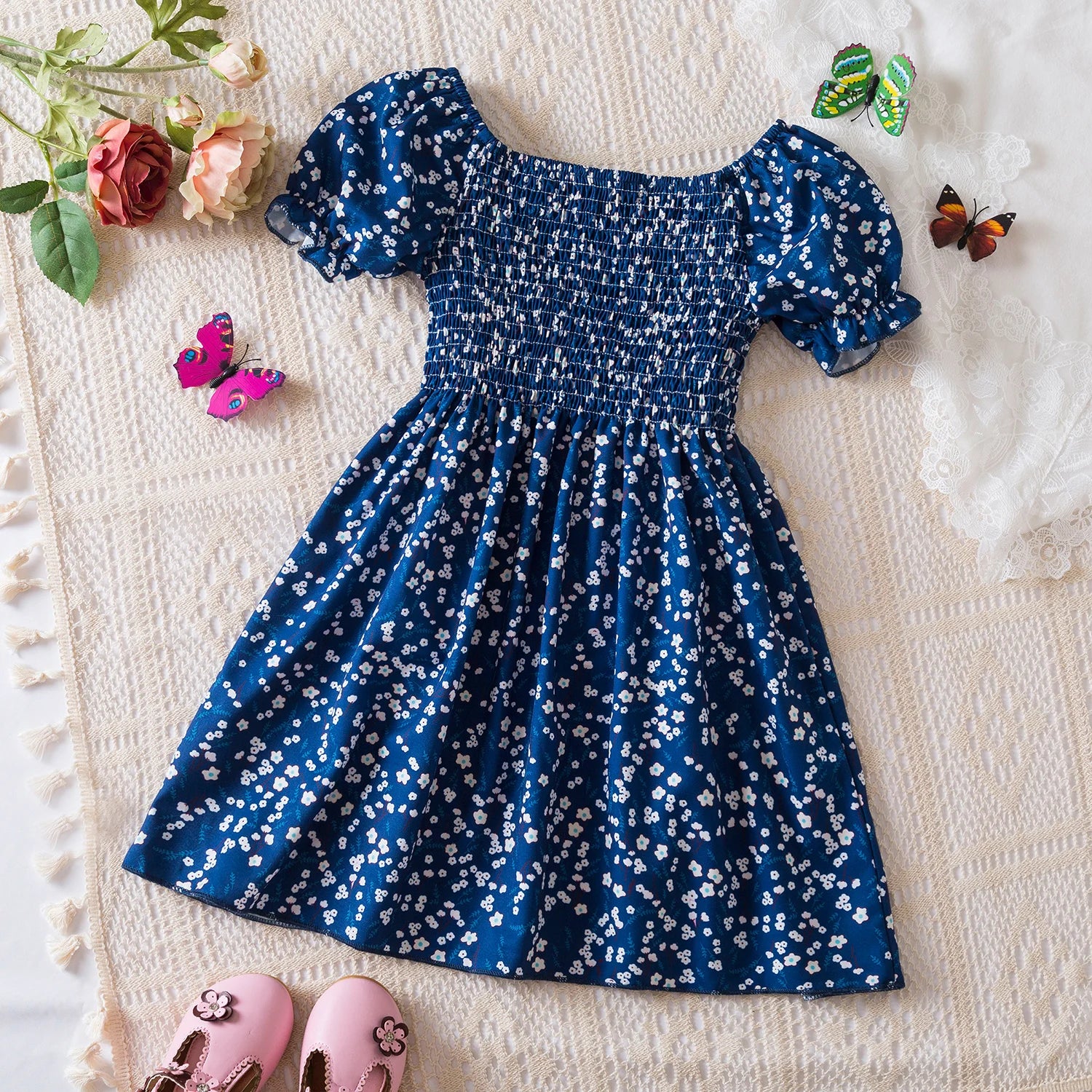 Girls Summer White Floral Puff Sleeve Princess Dress