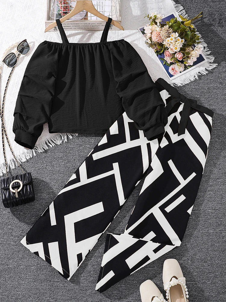 Girls Khaki Off-Shoulder Top & Striped Pants Set, Summer Resort Outfit