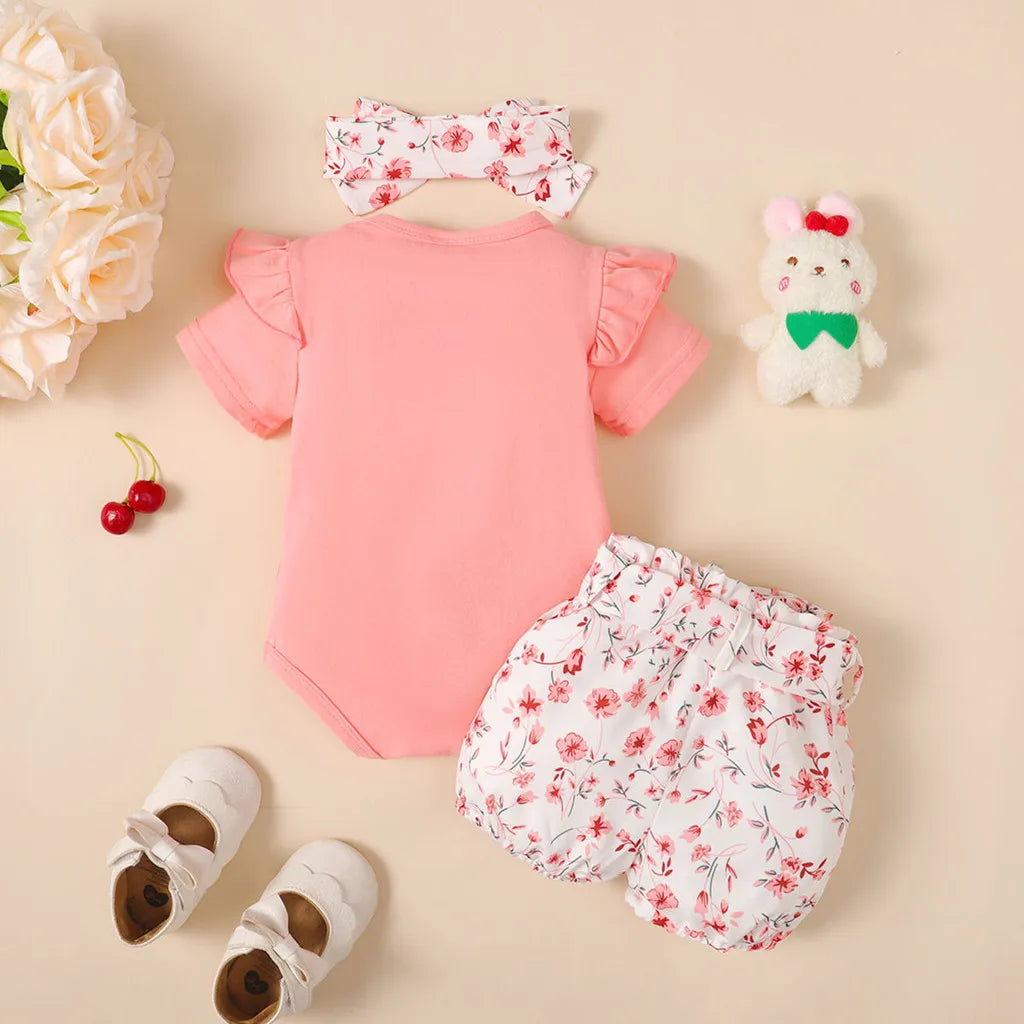 Adorable Baby Girl Clothing Set 3PCS Bodysuit and Accessories with pink ruffle sleeve bodysuit floral shorts and headband
