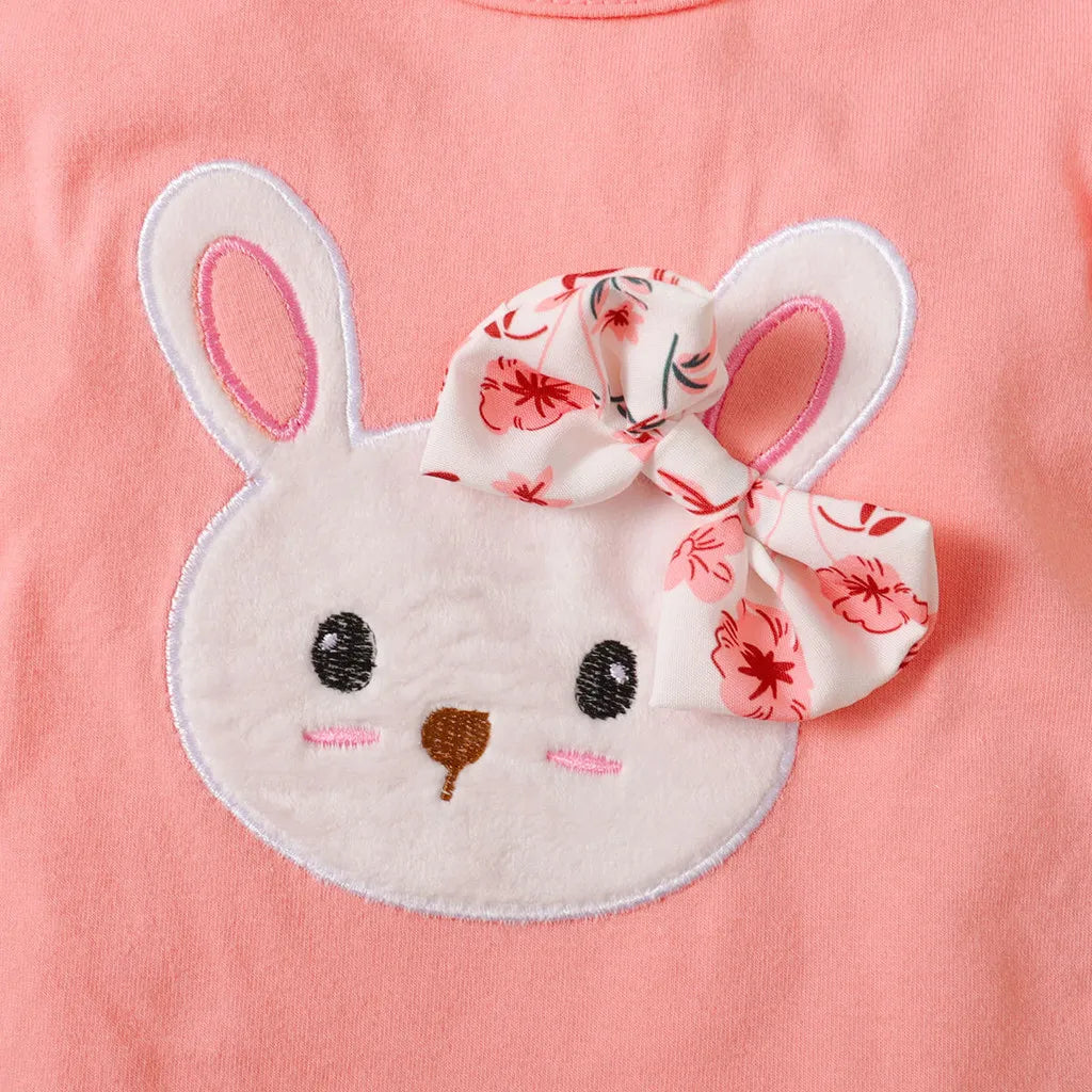 Adorable Baby Girl Clothing Set 3PCS Bodysuit and Accessories pink fabric with bunny face and floral bow