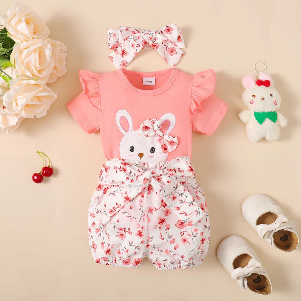 Adorable Baby Girl Clothing Set 3PCS Bodysuit & Accessories with pink bunny design and floral shorts
