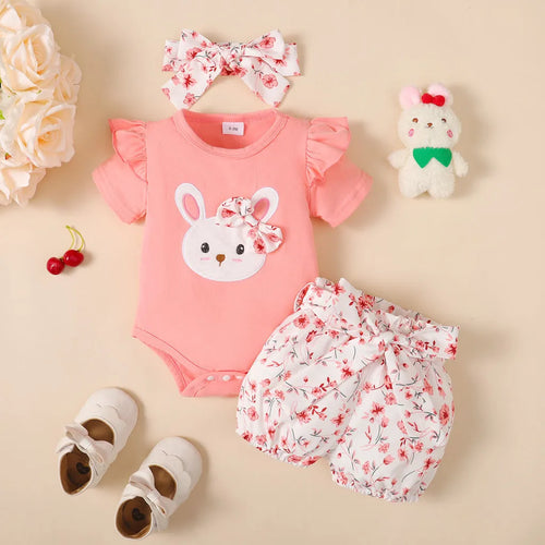 Adorable Baby Girl Clothing Set 3PCS Bodysuit & Accessories with pink bunny print bodysuit floral shorts headband and white shoes