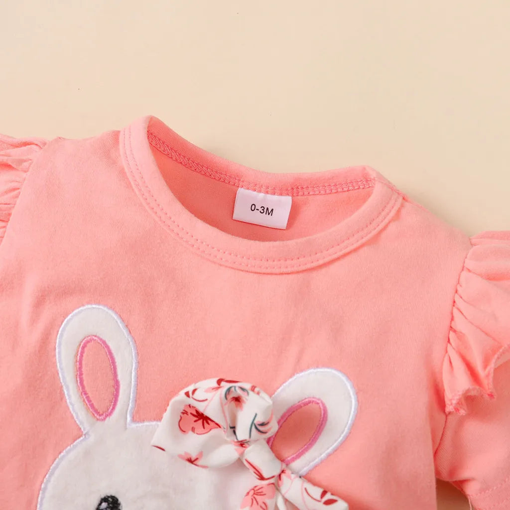 Adorable Baby Girl Clothing Set 3PCS Bodysuit & Accessories featuring a pink bodysuit with bunny design and floral bow