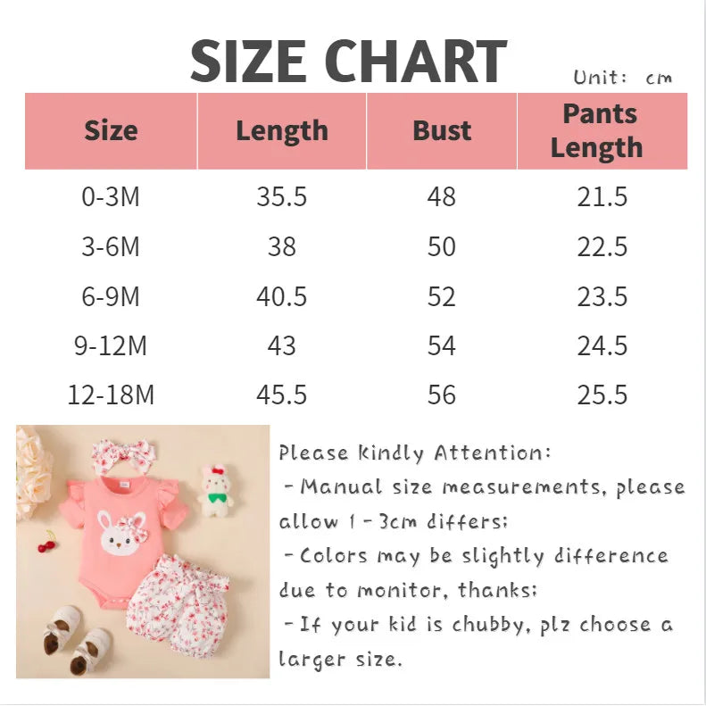 Size chart for Adorable Baby Girl Clothing Set 3PCS Bodysuit and Accessories with measurements and pink outfit layout