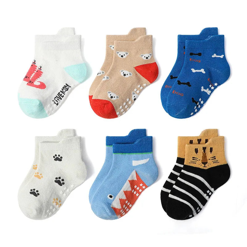 6 Pairs Kids Socks Cartoon Animal Pattern Cotton Non-Slip Floor Socks for Boys with various colorful animal designs