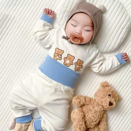 Baby 2PCS Pajama Set Cotton Long Sleeve Outfit for Autumn Winter Wear with teddy bear design