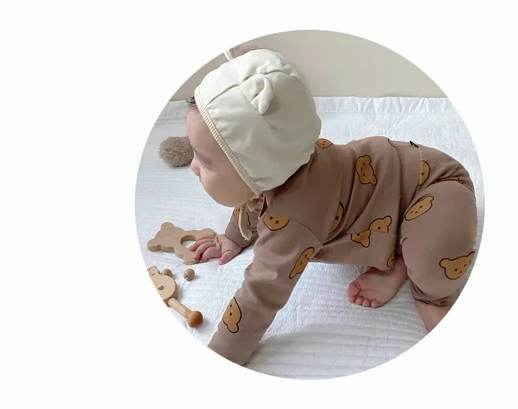 Baby 2PCS Pajama Set Cotton Long Sleeve Outfit for Autumn Winter Wear featuring brown bear print on crawling baby