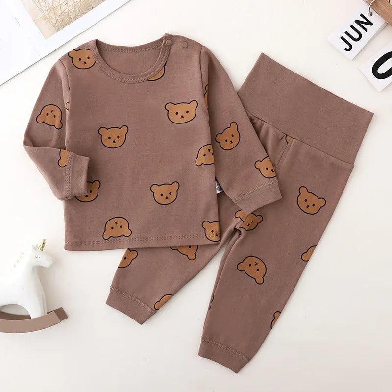 Baby 2PCS Pajama Set Cotton Long Sleeve Outfit for Autumn Winter Wear with brown bear print